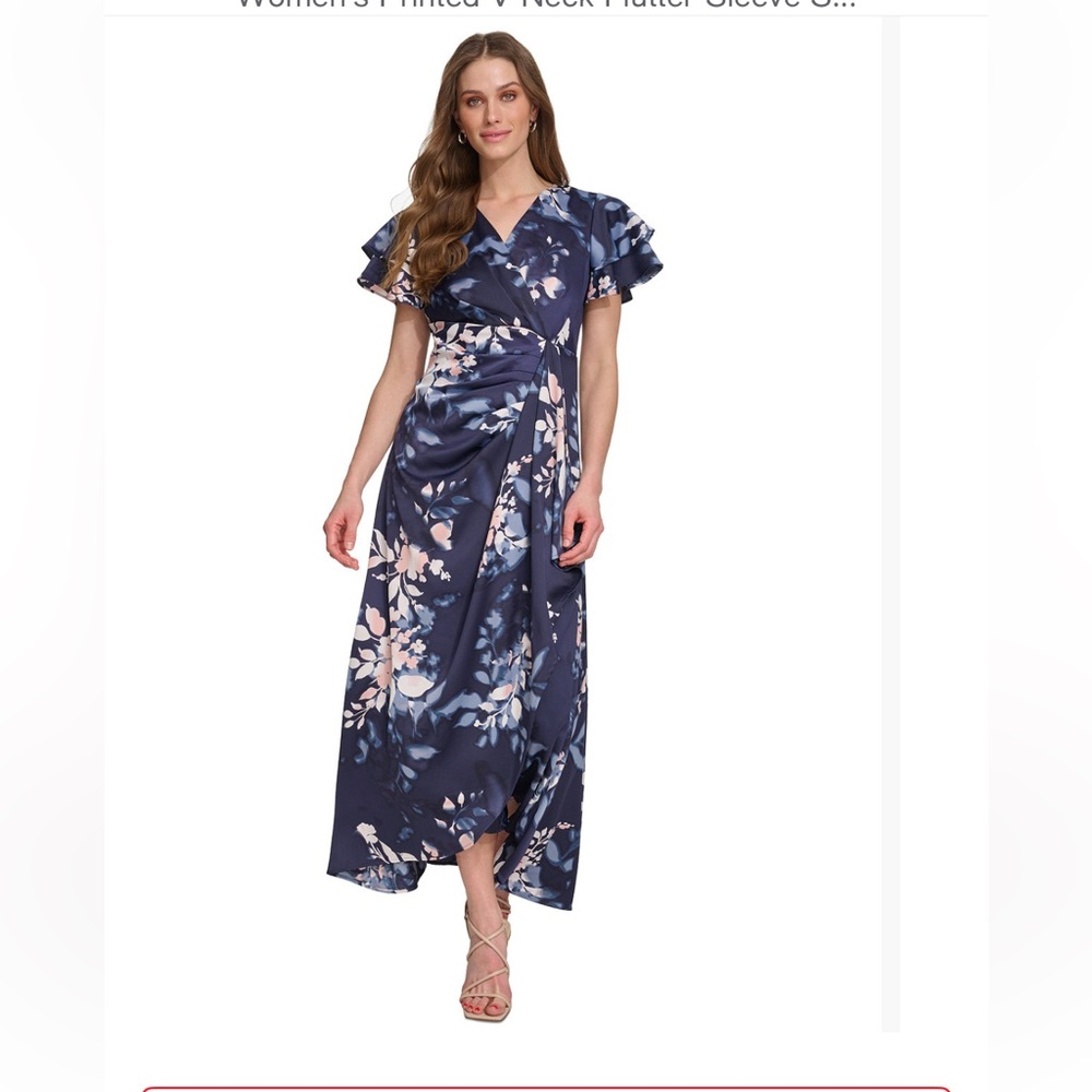 DKNY Blue Floral Satin Crepe High-Low Wrap Dress